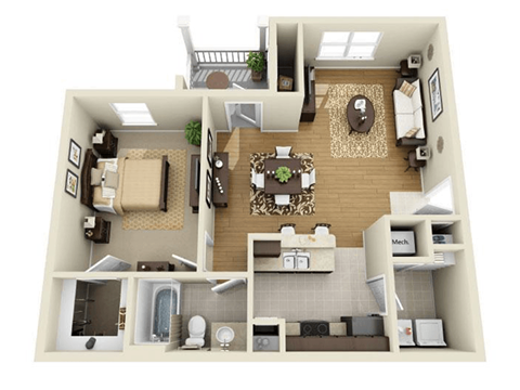 Floor plan for 1 bed, 1 bath, 833 sqft